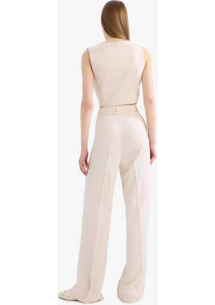 Wide Leg Keten Karışımlı Palazzo Pantolon Yüksek Bel Geniş Bol Paça Pensli Cepli A1922AX25SM