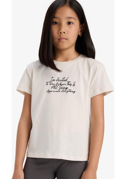 Kız Çocuk Bisiklet Yaka Baskılı Kısa Kollu Tişört E5892A825SM