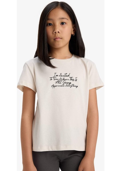 Kız Çocuk Bisiklet Yaka Baskılı Kısa Kollu Tişört E5892A825SM
