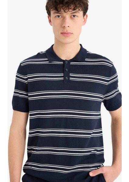 Regular Fit Polo Yaka Çizgili Kısa Kollu Yumuşak Tuşeli Triko Tişört E2665AX25SP