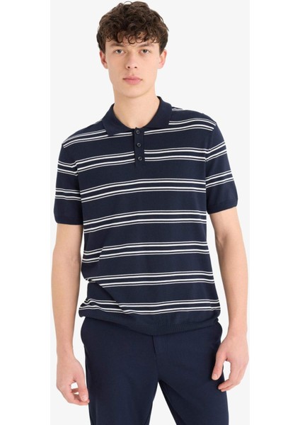 Regular Fit Polo Yaka Çizgili Kısa Kollu Yumuşak Tuşeli Triko Tişört E2665AX25SP