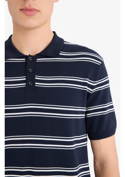 Regular Fit Polo Yaka Çizgili Kısa Kollu Yumuşak Tuşeli Triko Tişört E2665AX25SP