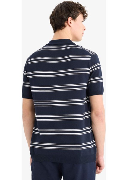 Regular Fit Polo Yaka Çizgili Kısa Kollu Yumuşak Tuşeli Triko Tişört E2665AX25SP