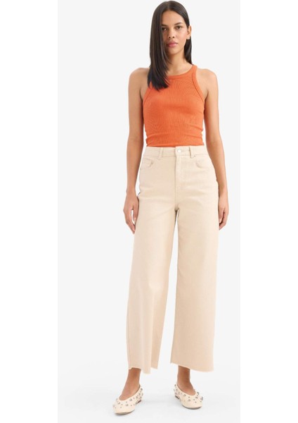 Culotte Gabardin Kumaş Pantolon Yüksek Bel Basic Düz Cepli Geniş Bol Paça C7535AX25SP