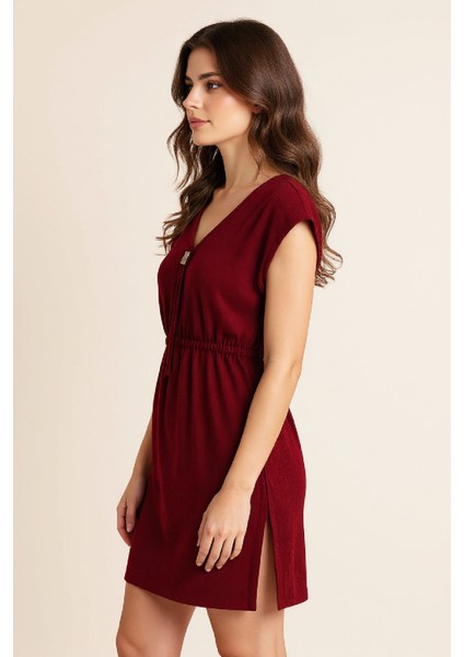 çınar ticaret kadın bordo yanları yırtmaçlı tokalı v yaka mini plaj elbisesi fiyatları