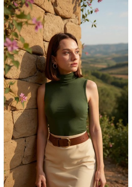 çınar ticaret kadın haki yeşili kolsuz balıkçı yaka basic bluz modelleri