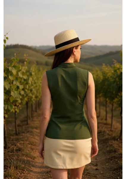 çınar ticaret kadın haki yeşili kolsuz balıkçı yaka basic bluz indirimleri