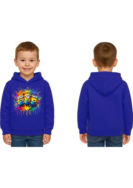 Unisex Mınıons Baskılı Çocuk Swaetshirt Baskılı Kapüşonlu 3 Iplik Şardonlu