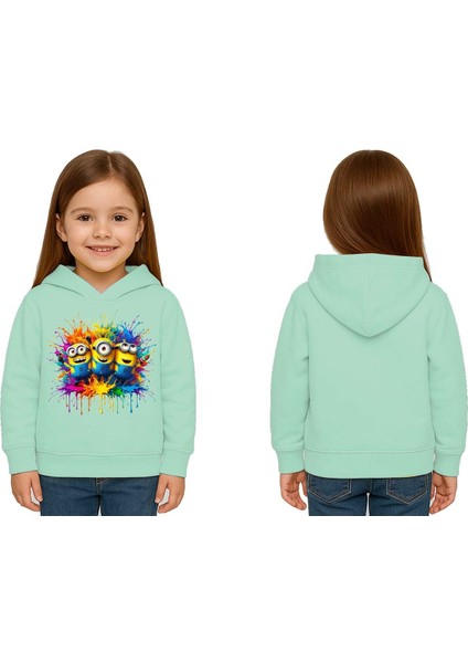 Unisex Mınıons Baskılı Çocuk Swaetshirt Baskılı Kapüşonlu 3 Iplik Şardonlu