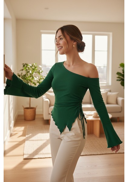 çınar ticaret kadın yeşil uzun ıspanyol kollu asimetirik yaka yandan bağlamalı drapeli bluz