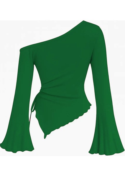 çınar ticaret kadın yeşil uzun ıspanyol kollu asimetirik yaka yandan bağlamalı drapeli bluz fırsatları