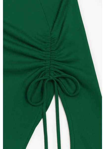 çınar ticaret kadın yeşil uzun ıspanyol kollu asimetirik yaka yandan bağlamalı drapeli bluz indirimleri