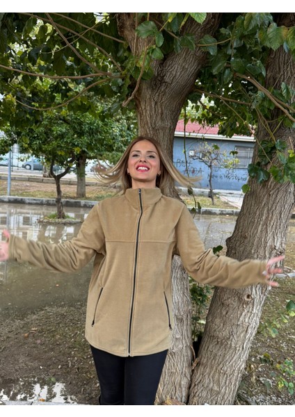 Kadın Önü Fermuarlı Cepli Camel Renk Polar Ceket fiyatları