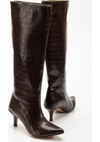 ZERİN-2025 Kahve Kroko Premium Ince Topuklu Günlük Kadın Çizme indirimleri