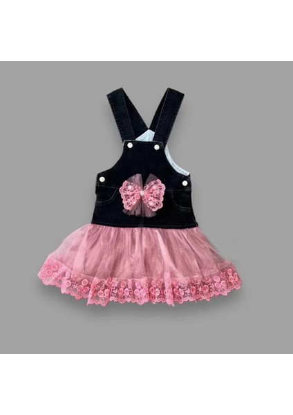 2-3-4 Yaş Fiyonklu Düğme Detaylı Tül Etek Kot Kumaş Salopet Kız Çocuk Elbisesi Siyah-Gül Kurusu fiyatları