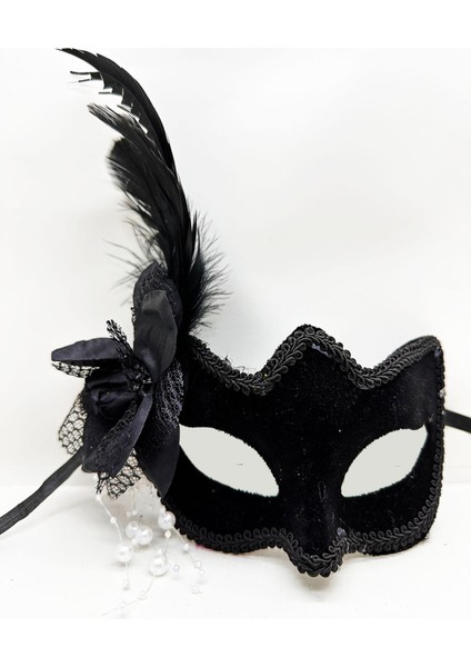 çınar ticaret siyah süet yandan tüylü ıncili parti maskesi modelleri