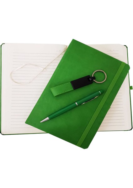çınar ticaret yeşil termo deri defter, kalem ve anahtarlık seti