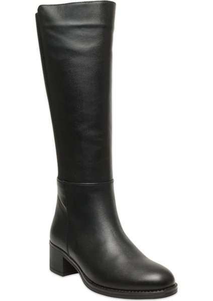 D25KC-2300 - B Kadın Hakiki Deri Konç Lastikli Topuklu Günlük Çizme Siyah