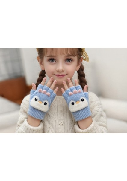 Penguen Desenli Kapaklı Kız Çocuk Peluş Parmaksız Eldiven