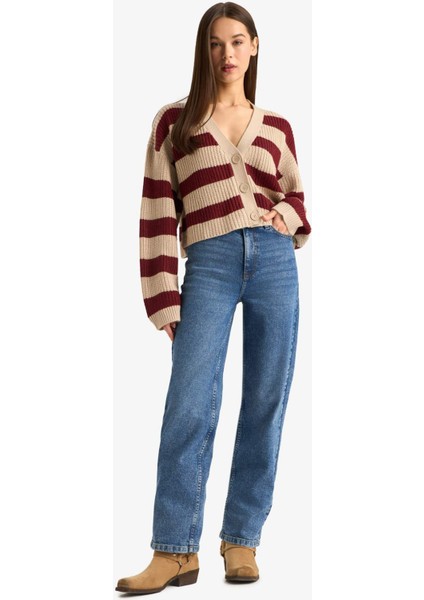 Regular Fit V Yaka Çizgili Düğmeli Triko Hırka Z8539AZ25WN