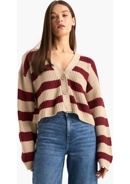 Regular Fit V Yaka Çizgili Düğmeli Triko Hırka Z8539AZ25WN