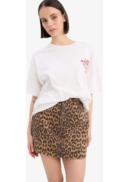 Coool Leopar Desenli Normal Bel Gabardin Mini Etek