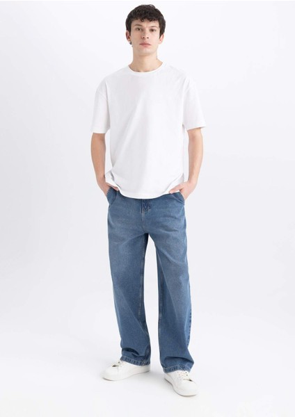 %100 Pamuk Skater Fit Geniş Kalıp Yüksek Bel Geniş Paça Cepli Yıkamalı Jean Pantolon E6336AX25SP