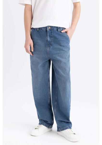 %100 Pamuk Skater Fit Geniş Kalıp Yüksek Bel Geniş Paça Cepli Yıkamalı Jean Pantolon E6336AX25SP