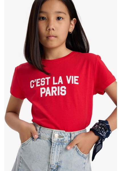 Kız Çocuk Bisiklet Yaka Baskılı Kısa Kollu Tişört