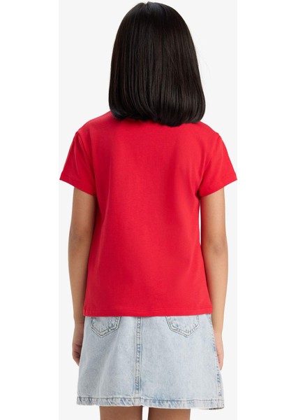 Kız Çocuk Bisiklet Yaka Baskılı Kısa Kollu Tişört