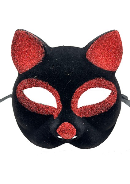 çınar ticaret siyah kırmızı simli süet kedi maskesi