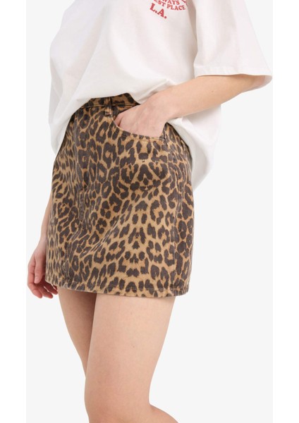 Coool Leopar Desenli Normal Bel Gabardin Mini Etek E4398AX25SP