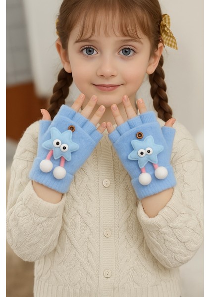 Yıldız Desenli Kapaklı Kız Çocuk Peluş Parmaksız Eldiven