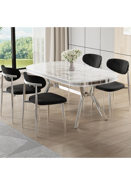 Olya Serisi 90X168 Lak Panel Beyaz Mermer Desen Masa Takımı Krom Ayaklı 4 Siyah Sandalye