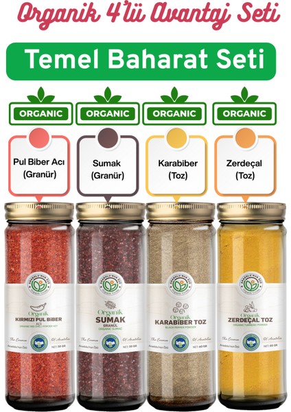 Organik Temel Baharat Seti (Pul Biber / Sumak / Karabiber / Zerdeçal)