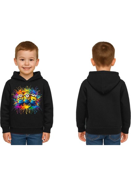 Unisex Mınıons Baskılı Çocuk Swaetshirt Baskılı Kapüşonlu 3 Iplik Şardonlu