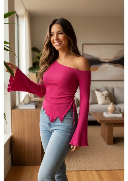 çınar ticaret kadın fuşya uzun ıspanyol kollu asimetirik yaka yandan bağlamalı drapeli bluz