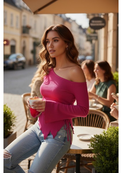 çınar ticaret kadın fuşya uzun ıspanyol kollu asimetirik yaka yandan bağlamalı drapeli bluz fiyatları