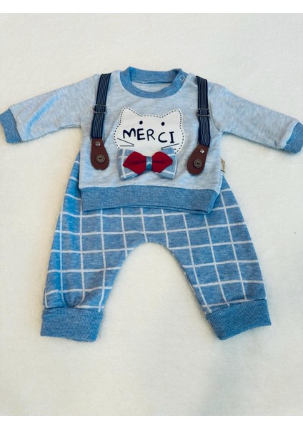 Erkek Bebek Ikili Takım Kedi Baskılı Papyonlu Askılı %100 Pamuk