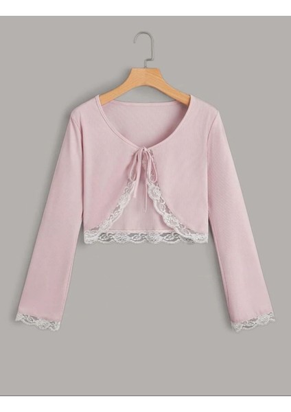 Toz Pembe Coquette Dantelli Bolero Hırka
