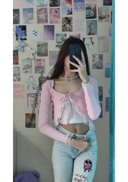 Toz Pembe Coquette Dantelli Bolero Hırka modelleri