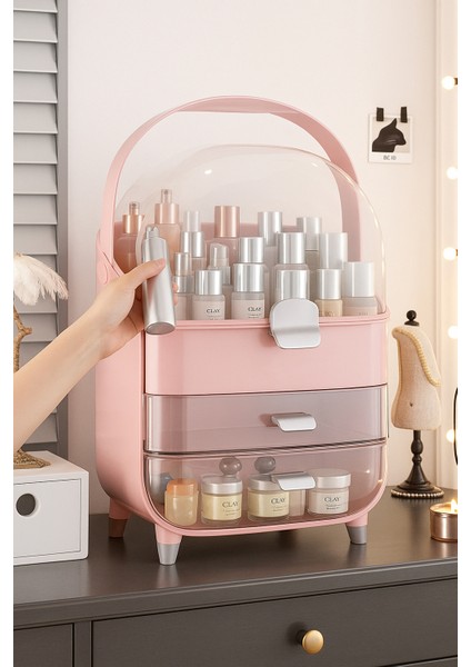 Şeffaf Kapaklı Makyaj ve Takı Organizeri, Çekmeceli, Pembe, 19×27×36 cm