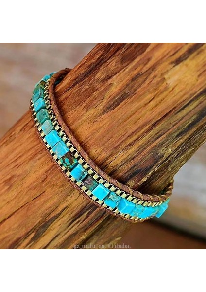 Turkuaz Doğal Taş Mozaik Bileklik – El Yapımı Ayarlanabilir Vintage Kadın Bileklik fırsatları