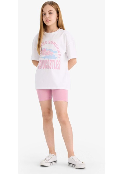 Kız Çocuk 2'li Takım Baskılı Kısa Kollu Tişört Biker Tayt E5694A825HS