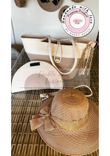 Vero 3lü Takım Plaj Çantası , El Çantası Clutch, Şapka, Totebag,çanta, Yazlık, Hediyelik, modelleri