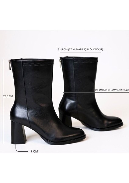 Siyah Deri Kalın Topuklu Arkada Fermuarlı Kadın Bot indirimleri