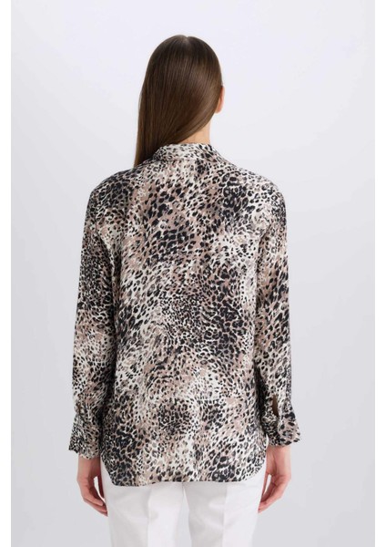 Oversize Geniş Kalıp Yılan Derisi Desenli Maroken Uzun Kollu Gömlek