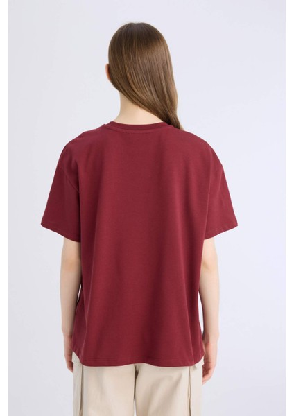 Oversize Geniş Kalıp Bisiklet Yaka Basic Düz Kalın Kısa Kollu Bordo Tişört E4935AX25SP