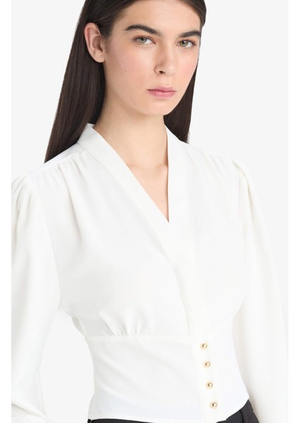 Fitted V Yaka Krep Uzun Kollu Bluz E6594AX25SP