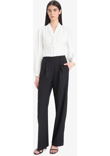 Fitted V Yaka Krep Uzun Kollu Bluz E6594AX25SP